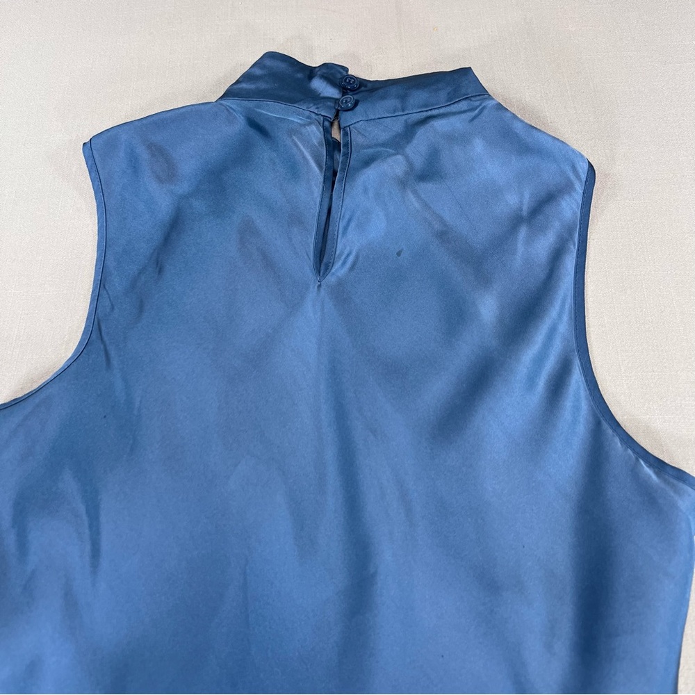 Kenar Women’s M Blue Satin Ruffle Front Sleeveless Top Mock Neck Blouse - Picture 6 of 13